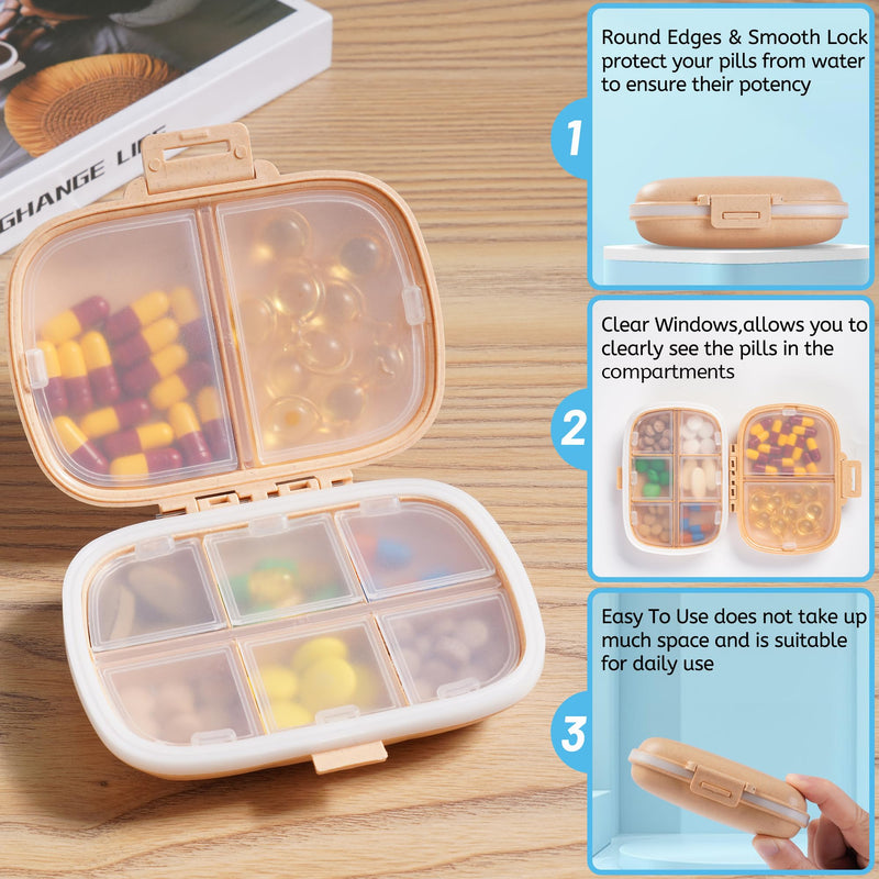 4 Pack Pill Organizer - Travel Pill Box with Label, Daily Pill Case | 8 Compartment Medicine Case for Pocket Purse Waterproof Portable Pill Supplement Case, Travel Pill Container to Hold Vitamin 4 Pcs 8-Compartment Purple Green Orange Beige