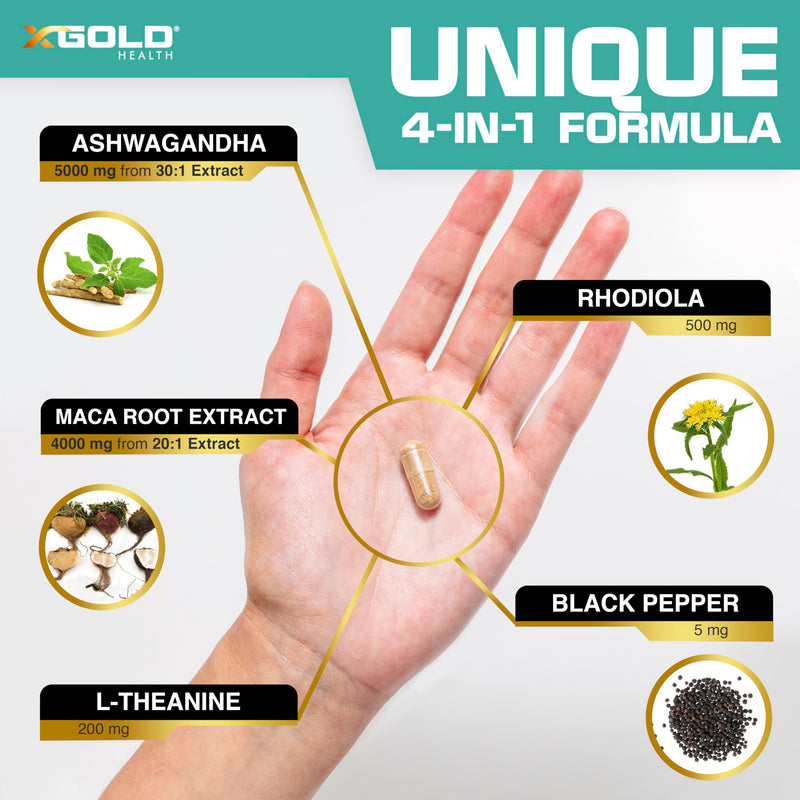 [Australia] - Ashwagandha 5,000mg + Maca Root Black, Red, Yellow 4,000mg, Rhodiola & L-Theanine: 30:1 Extract Ashwagandha Capsules, 20:1 Extract Maca Root Capsules - Supplement for Men and Women 