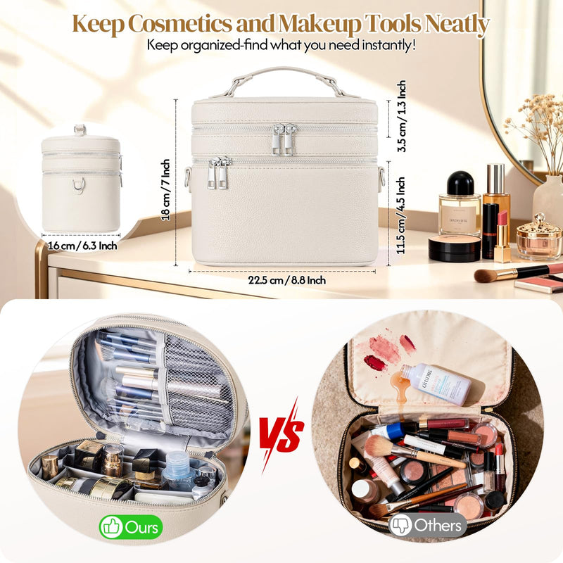 cysiyu Leather Makeup Bag Organizer Double Layer Vanity Bag Large Capacity with Compartments and Handle Travel Portable Storage Crossbody Cosmetic Jewelry Case for Women. Beige