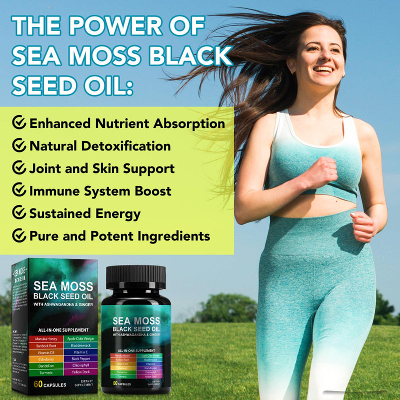 Sea Moss Black Seed Oil Capsules with Ashwagandha, Turmeric, Burdock Root, Bladderwrack, Vitamin C & Vitamin D3, Dietary Supplement, 120 Capsules