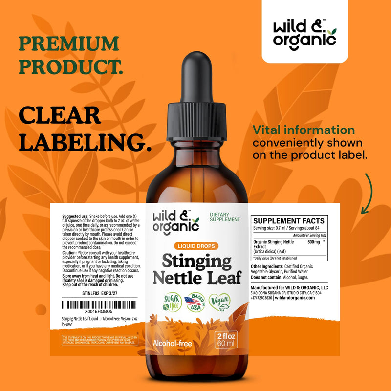[Australia] - Wild & Organic Stinging Nettle Leaf Extract Drops - Urinary Tract Support - Liquid Stinging Nettle Supplement - Urtica Dioica Tincture - 2-Month Supply - Vegan, Sugar & Alcohol-Free - 2 fl oz 2 Fl Oz (Pack of 1) 