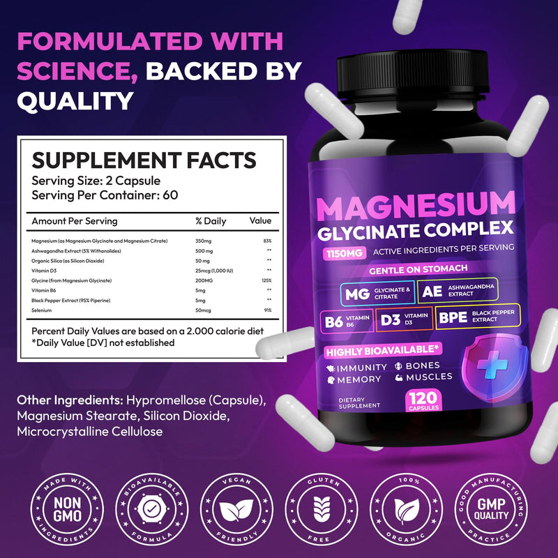 Magnesium Glycinate Complex 1150mg - Gentle on Stomach High Absorption Magnesium Capsules with Citrate, Silica, Ashwagandha & Vitamin B6 for Zzz, Stress Relief, Muscle Support for Adults, Women & Men