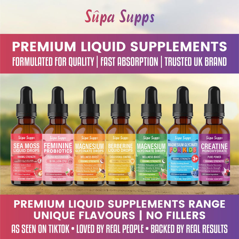 Kids Magnesium Glycinate 60ml - Berry Bedtime | Supa Supps Liquid Magnesium Glycinate 3-in-1 Drops Support Relaxation, Calm, Balanced Energy, Focus & Growth | Easy Daily Supplement 2 Months Supply