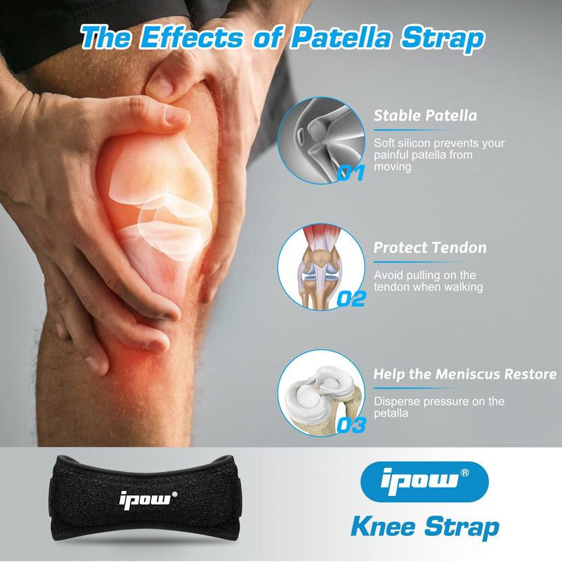 IPOW 2 Pack XXL Plus Size Knee Pain Relief & Patella Stabilizer Knee Strap Brace Support for Hiking, Soccer, Basketball, Running, Jumpers Knee, Tennis, Tendonitis, Volleyball & Squats, Black Large