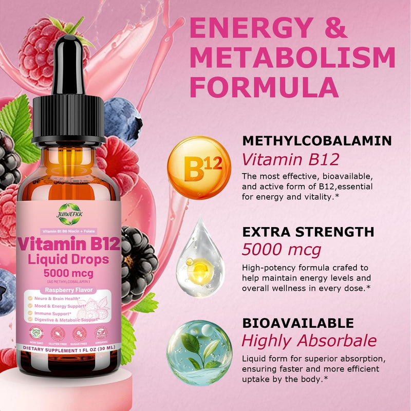 Liquid Vitamin B12 Drops 5000 mcg - Extra Strength B12 Methylcobalamin | with B1 B6 B3 Folate Niacin -Fast Absorption Sublingual B-12 Drops for Energy Metabolism & Brain Function, Vegan B Complex Raspberry 1 Fl Oz (Pack of 1)
