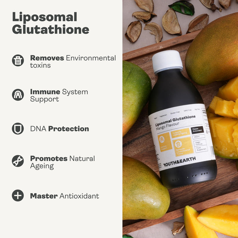 Youth & Earth Liposomal Glutathione Liquid 250ml - Antioxidant Glutathione Supplement for Natural Anti Aging - Pure Vegan Formula to Support Immune - 400mg Per Serving | Mango Flavor
