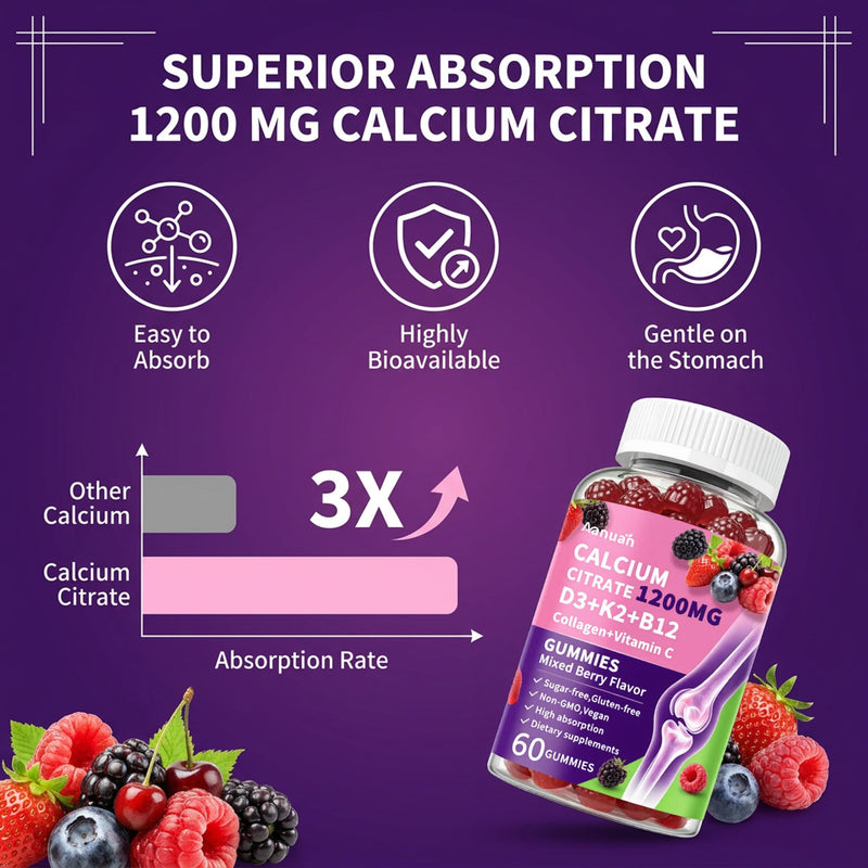 (3 Pack) Calcium Citrate 1200 mg Gummies with Collagen, Vitamin C D3 K2 B12 | Calcium Supplements For Women For Bone, Teeth & Muscle Healthy, High Absorption, Sugar Free, Vegan, Non-GMO, Berry Flavor 60 Count (Pack of 3)