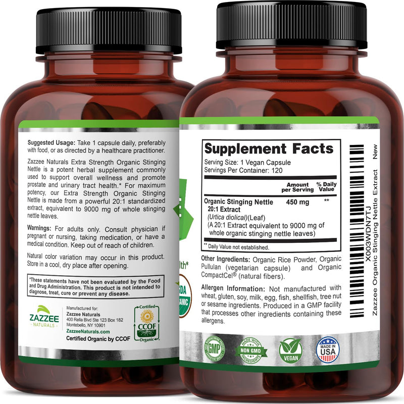[Australia] - Zazzee USDA Organic Stinging Nettle 20:1 Extract, 9000 mg Strength, 120 Vegan Capsules, 4 Month Supply, Concentrated, Standardized 20X Extract, Certified Organic, 100% Vegetarian, All-Natural, Non-GMO 