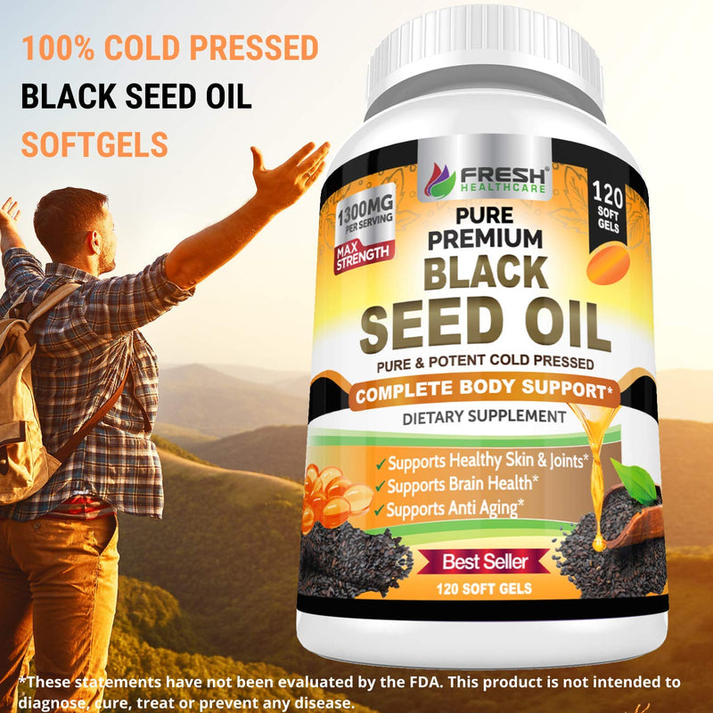 [Australia] - FRESH HEALTHCARE Black Seed Oil Capsules Cold Pressed 1300mg Per Serving, 100% Pure & Premium Non-GMO Nigella Sativa Black Cumin Seed Oil, Supports Immune System, Joint & Skin Health - 120 Capsules 