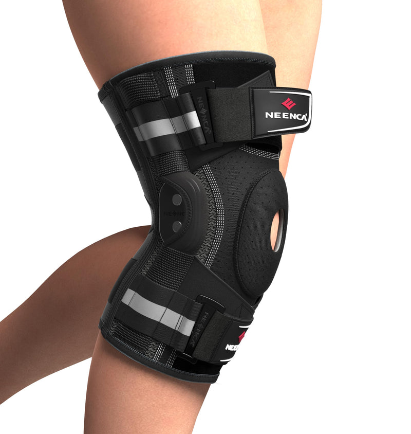 [Australia] - NEENCA Professional Knee Brace for Knee Pain, Hinged Knee Support with Patented X-Strap Fixing System, Medical for Pain Relief, Arthritis, Meniscus Tear, ACL, PCL, MCL, Runner, Sport -FSA/HSA Eligible Large Black - Single 