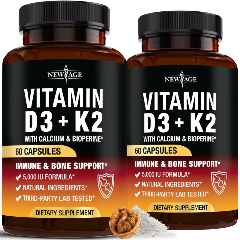 [Australia] - Vitamin D3 5,000 IU + K2 MK-7 100 mcg - 2-in-1 Bone, Immune & Heart Support, Easy to Swallow, Non-GMO - 120 Capsules 60 Count (Pack of 2) 