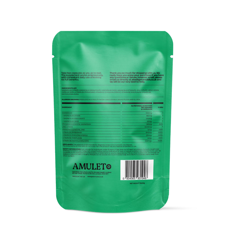 Amulet Restless Legs Relief Supplement – 1400mg Magnesium Complex with Zinc, B12 & B6 – Support for Night Leg Cramps & Restless Leg Syndrome – 90 Vegan Capsules