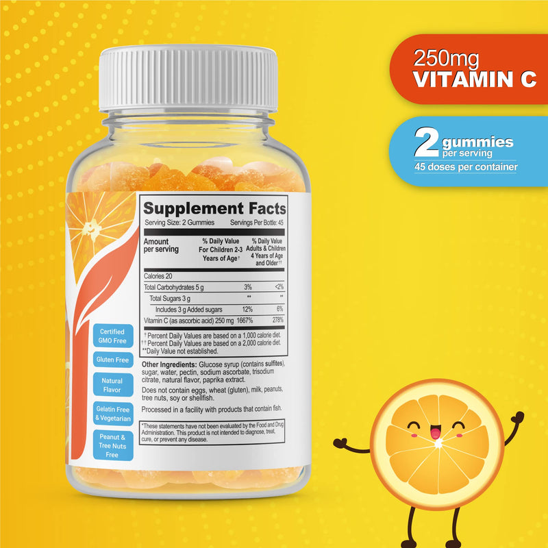 Doctors Finest Vitamin C Gummies for Kids – Vegan, GMO Free & Gluten Free – Great Tasting Orange Flavor Pectin Chews – Kids Dietary Supplement – 250mg of Vitamin C – 90 Jellies [45 Doses] 90 Count (Pack of 1)