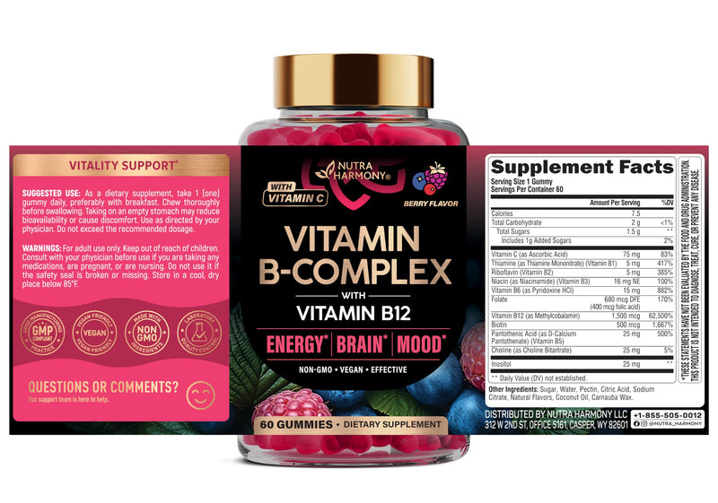 Vitamin B-Complex Gummies for Women & Men - Full B Complex & B12 - 60 Gummy | Vitamin B12, B1, B2, B3, B5, B6, B7 & B9 with Vitamin C & Choline - Energy, Brain & Mood - Natural Berry Flavor, Vegan 60 Count (Pack of 1)