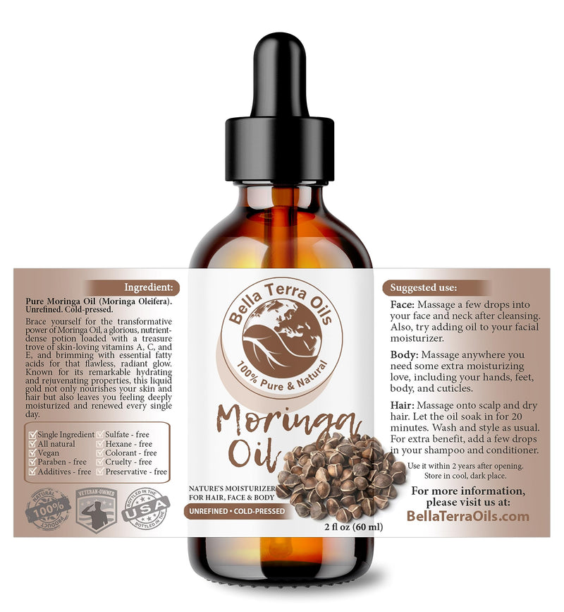 Bella Terra Oils - Natural Moringa Seed Oil 2oz - A Blend of Nature's Best, High in Oleic Acid & Vitamin E, For a Touch of Luxurious Smoothness 2 Fl Oz (Pack of 1)