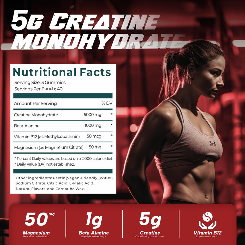 Creatine Monohydrate Gummies, 5000mg Creatine, 1000mg Beta-Alanine, with Added Magnesium & VIT B12, 120 Vegan Gummies, Creatine Supplement for Men & Women (40 Day Supply, Strawberry Flavour)