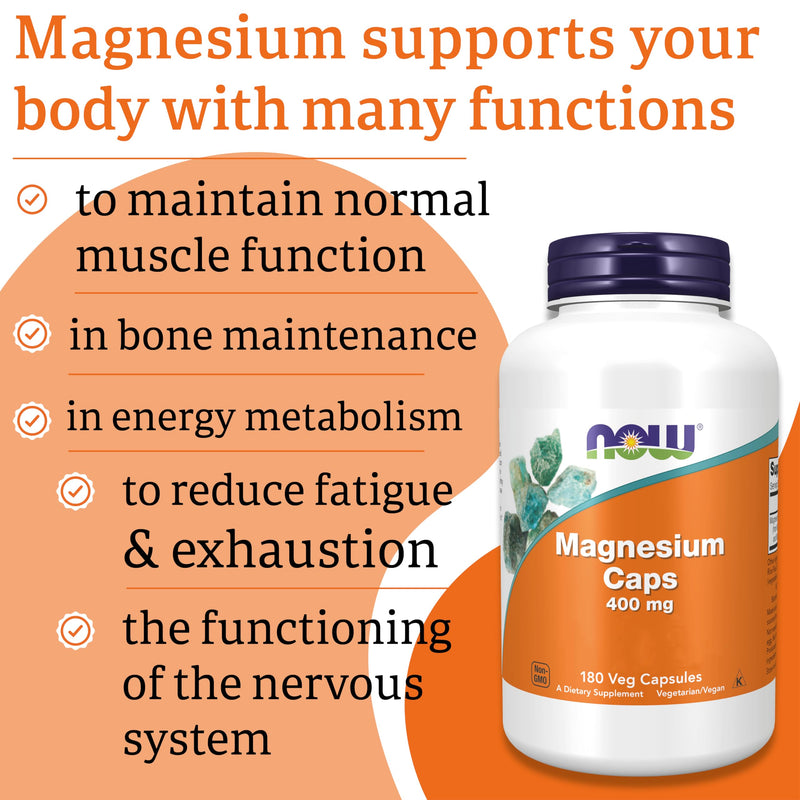 Now Foods, Magnesium Caps, 400mg, 180 Vegan Capsules, Minerals, Gluten Free, SOYA Free, Vegetarian