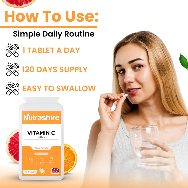 Vitamin C Tablets 1000mg – 120 Vegan Tablets (4 Month Supply) – Gluten Free Vitamin C Supplements for Skin, Bones, Teeth, Fatigue and Immune Support – High Strength VIT C - Made in the UK