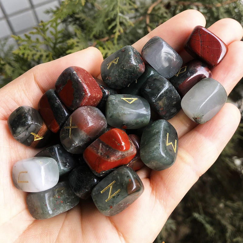 Natural Africa Bloodstone Futhark Viking Rune Stone Set, Engraved Letter Norse Witchcraft Healing Crystal Reiki Gemstones Irregular Shaped, 25Pcs Colorful Africa Bloodstone
