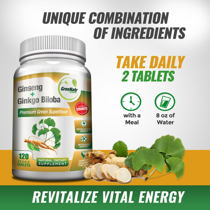 [Australia] - Panax Ginseng + Ginkgo Biloba Tablets - Premium Non-GMO/Veggie Superfood - Traditional Energy Booster and Brain Sharpener (120 Tablets) 120 Count (Pack of 1) 