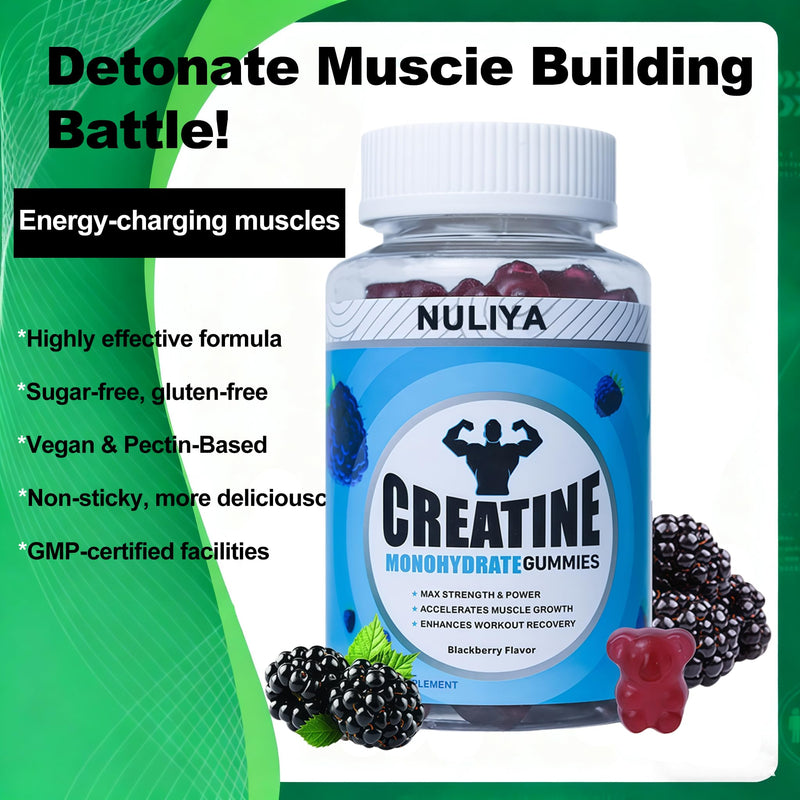 Creatine Gummies, 5000mg per Serving, with Added Taurine and Vitamin B12, Easily Supports pre- and Post-Workout Performance and Muscle Strength, Berry-Flavoured Vegan Gummies（60）