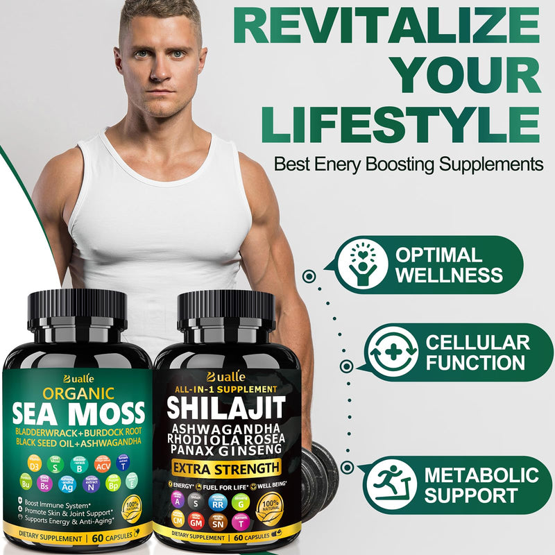 [Australia] - Sea Moss and Shilajit Bundle-Sea Moss 300mg,Black Seed Oil 100mg,Ashwagandha 50mg,Ginger & Shilajit 300mg,Rhodiola Rosea 100mg,Panax Ginseng 50mg,All in 1 Supplements-USA Made(2 Pack) 60 Count (Pack of 2) Sea Moss Shilajit 