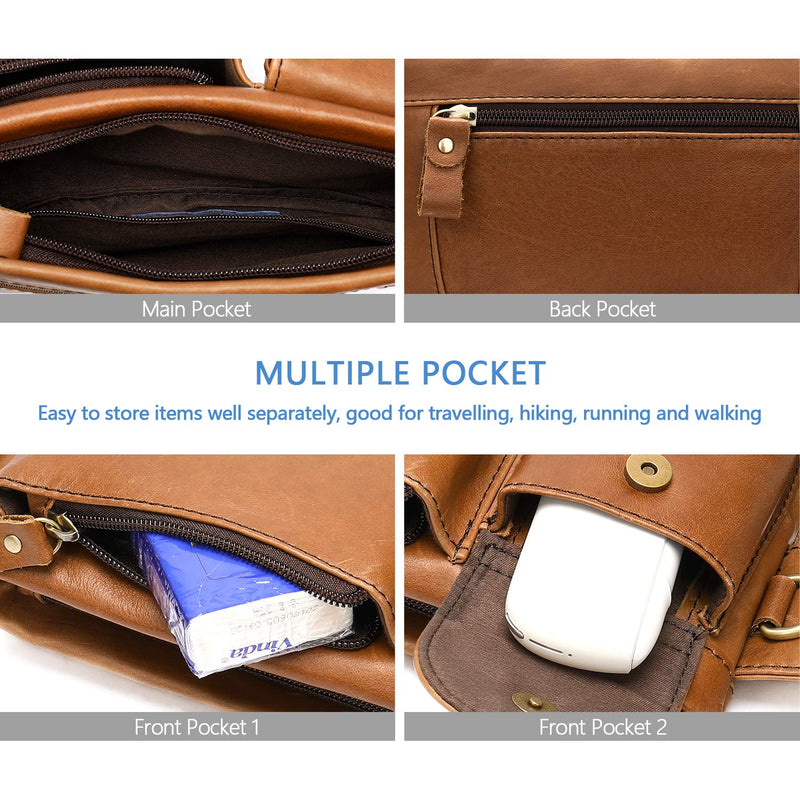 Genuine Leather Fanny Pack for Men Women Small Waist Purse Travel | Brown Sling Cross Body Waist Bag, Lightweight Belt Bag for Walking Hiking, Adjustable Strap, Mulit-pockets