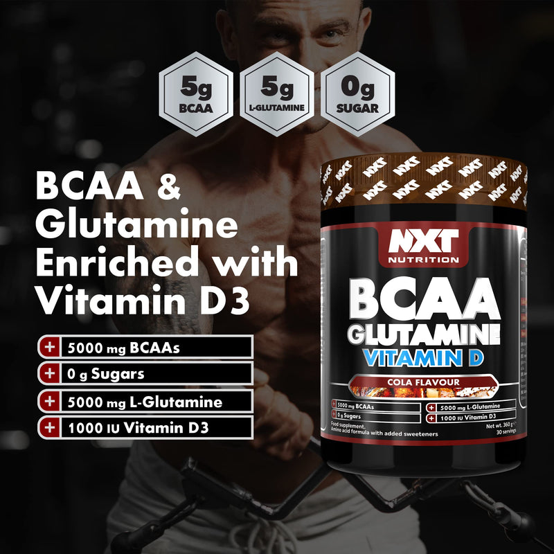 NXT Nutrition BCAA, Glutamine & Vitamin D | BCAAs Amino Acids with Vitamin D3 and L-Glutamine - for Recovery, Gut Health and Muscle Protein Synthesis | 360g - 30 Servings (Cola)