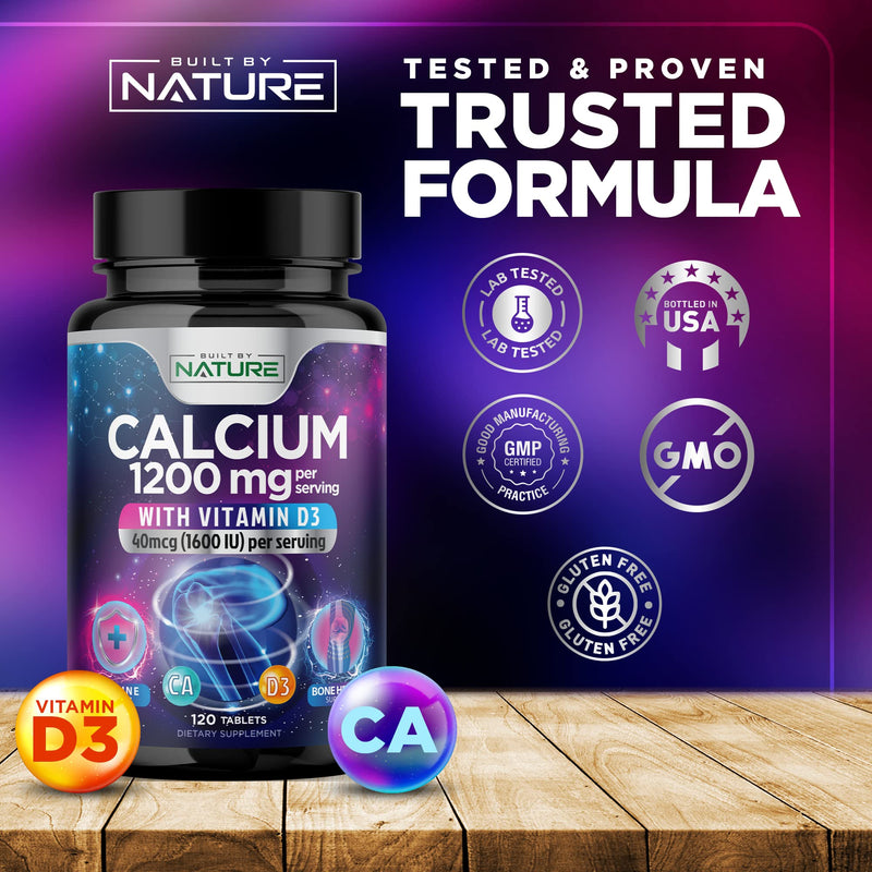 Calcium 1200mg with Vitamin D3 for Best Absorption - Advanced Bone Support Supplement, 1200 mg Calcium Carbonate & 1600 IU Vitamin D3, Slow Release for Immune Support, Easy to Swallow, 120 Tablets 120 Count (Pack of 1)