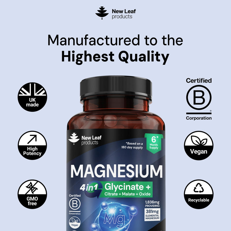 Magnesium Glycinate 4-in-1 Complex 2000mg - High Strength Magnesium Supplements - Bisglycinate,Citrate, Malate, Oxide - 360 Capsules 449mg Elemental - Vegan UK Made By New Leaf 360 count (Pack of 1)