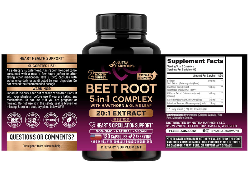 Beet Root Capsules - Healthy Blood Pressure Support Supplement** - 120 Caps | Beet Root for Heart & Circulation Support for Men & Women - with Hawthorn Berry, Hibiscus & Garlic - Nitric Oxide for Energy 120 Count (Pack of 1)