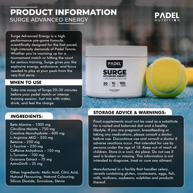 Energy Supplement for Padel Tennis - 50 Servings | Pre-Match Fuel for Tennis Players with Creatine, Caffeine & Arginine | Explosive Energy, Muscle Endurance & Mental Focus by Padel Nutrition Black Cherry