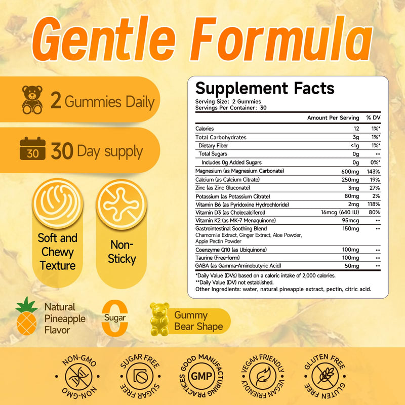 14-in-1 Magnesium Carbonate Gummies 600mg, Pineapple Flavor, 60 Gummies | Magnesium Carbonate Supplement with Chamomile, Ginger, Calcium, Vitamin B6, D3 & K2 for Digestive, Muscle & Nerve Support