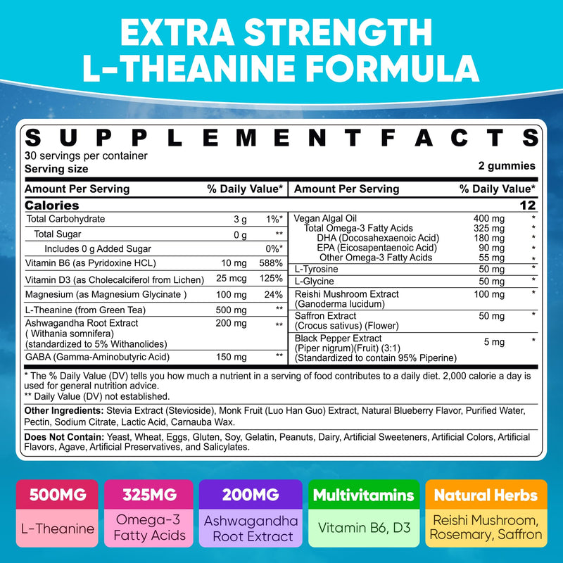 L Theanine Calm Gummies 500mg + Saffron + Magnesium Glycinate + GABA, 60Cts | Sugar-Free Liposomal L-Theanine Supplement, w/Ashwagandha, Algae Omega-3, Vitamin D3 B12, for Brain Calm, Relax, Mood, Zzz 60 Count (Pack of 1)