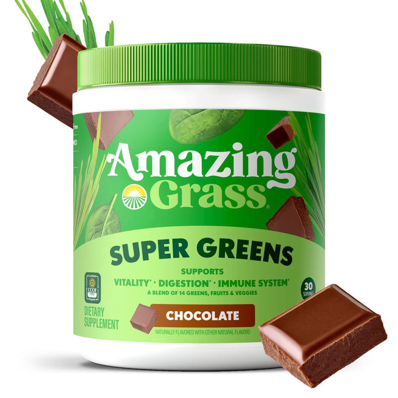 Amazing Grass Super Greens Powder Chocolate, 30 Servings, 8.5 oz | Organic Greens Superfood Powder with Spirulina, Beet Root, Probiotics & Digestive Enzymes to Support Digestion 8.5 Ounce (Pack of 1)