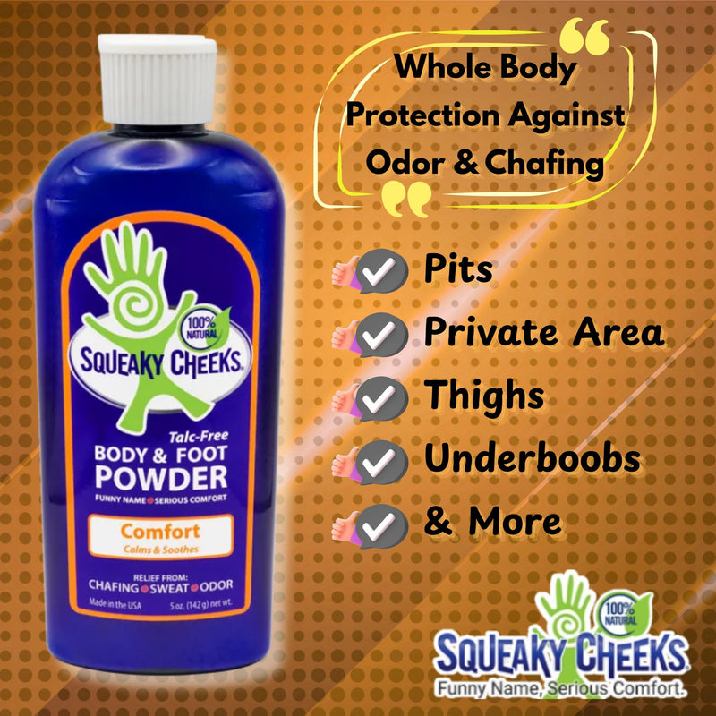 Squeaky Cheeks Comfort Blend Body and Foot Powder(5 oz) | Organic Talc-Free and All Natural Powder | Comfort Formula | Fresh Scent With Essential Oils | Effective Relief From Chafing, Sweat and Odor