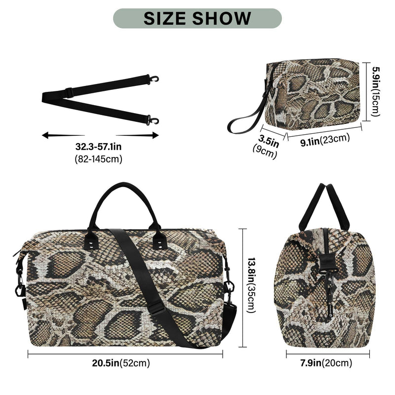 Aflyko Animal Print Travel Duffel Bag Snakeskin Dark Brown Sport Tote Gym Bag Weekender Overnight Bag for Men Women Flight Approved Carry On Bag Fitness Dance Go-To Bag Daily Bag Multi-019