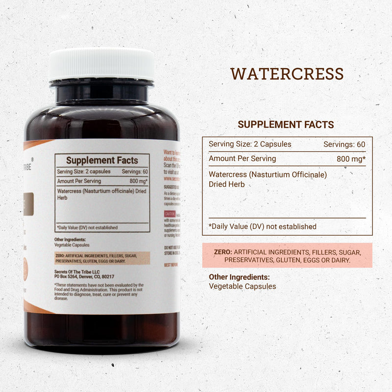 Secrets of the Tribe Watercress 120 Capsules, 800 mg, Watercress (Nasturtium Officinale) Dried Herb (120 Capsules) 120 Count (Pack of 1)