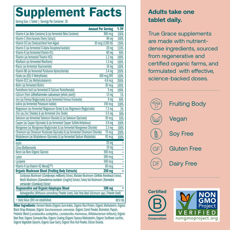 True Grace One Daily Women’s Multivitamin Fermented Minerals, Organic Adaptogens & Mushrooms Whole Body Balance, Immune, Energy, Beauty Support - Non-GMO, Gluten Free, Soy Free - 30 Vegan Tablets 30 Day Supply