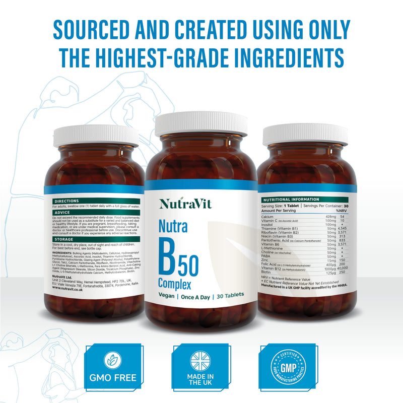Nutra B50 Complex High Strength | Vegan 30 Tablets| Multivitamin Tablets - Folic Acid, Vitamin B, Vitamin C| Reduce Tiredness & Fatigue Whilst Supporting Your Immunce System - by NutraVit
