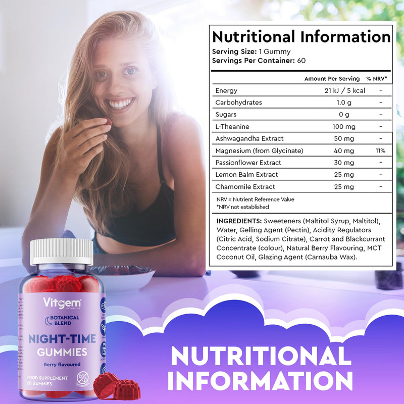 Magnesium Glycinate Gummies with L-Theanine and Ashwagandha - Night-Time Sleep Gummies for Adults, Sugar-Free Vegan Berry Flavour - 120 Servings (Set of 2)