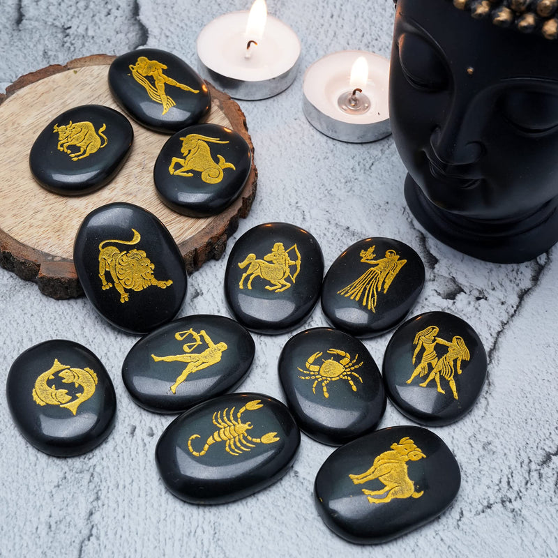 Crocon Black Agate Zodiac or Horoscope Symbols Engraved Stones (Set of 12) | Wicca Reiki Healing Crystals Meditation Balancing Gemstone Good Luck Pocket Stone Spiritual Love Crystal Sun Sign Gift. Zodiac stones