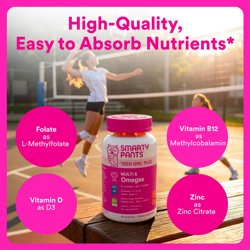 SmartyPants Teen Girl Multivitamin Gummies, Omega 3 (DHA/EPA), Vitamin C, D3, B12, Vitamin A, K & Zinc, Biotin to Support Hair, Skin & Nails, Gluten Free, 60 Count (30 Day Supply) Multi + Omega