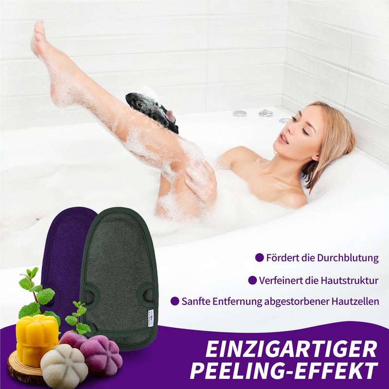 [Australia] - Belmalia 2x peeling gloves made of natural fiber | Body Scrub Sponge Removes Dead Skin | Exfoliating shower sponge for hammam, spa, wellness | Body peeling bath sponge with 2 metal hooks | Purple + Green 