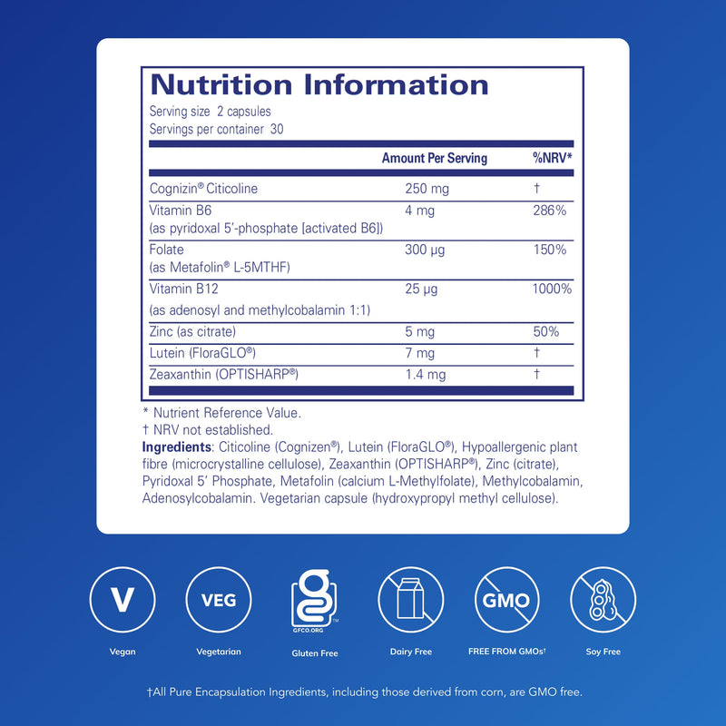 Pure Encapsulations Cogni Active - with Cognizin Citicoline, Zinc, Folate, Vitamin B6 and B12, Lutein & Zeaxanthin - 60 Capsules