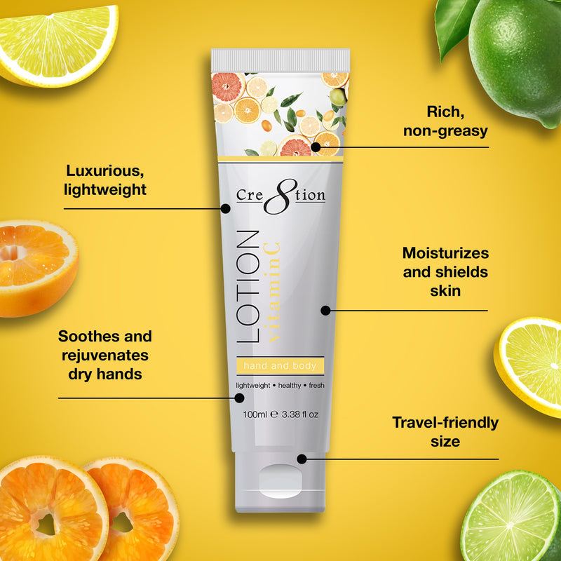 Cre8tion Vitamin C Hand & Body Lotion, Lightweight Moisturizer, 3.3 Fl Oz | Fast-Absorbing, Non-Greasy Formula Hydrates Parched Skin & Doubles as a Cuticle Cream, Vitamin C & Panthenol, Travel Size