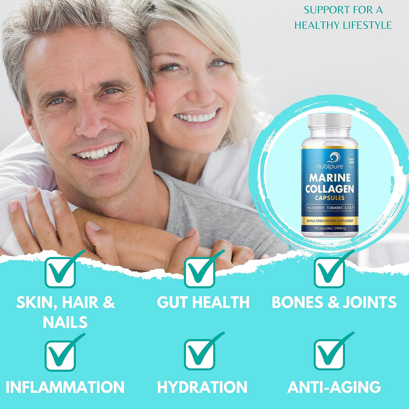 High Strength Marine Collagen 1400MG Tablets - with Turmeric & Kelp - Skin, Hair, Nails & Joints - with Hyaluronic Acid, Blueberry, Biotin, Vitamin C, E, B2, B7 Minerals - Hydrolysed Type 1 90 Capsule