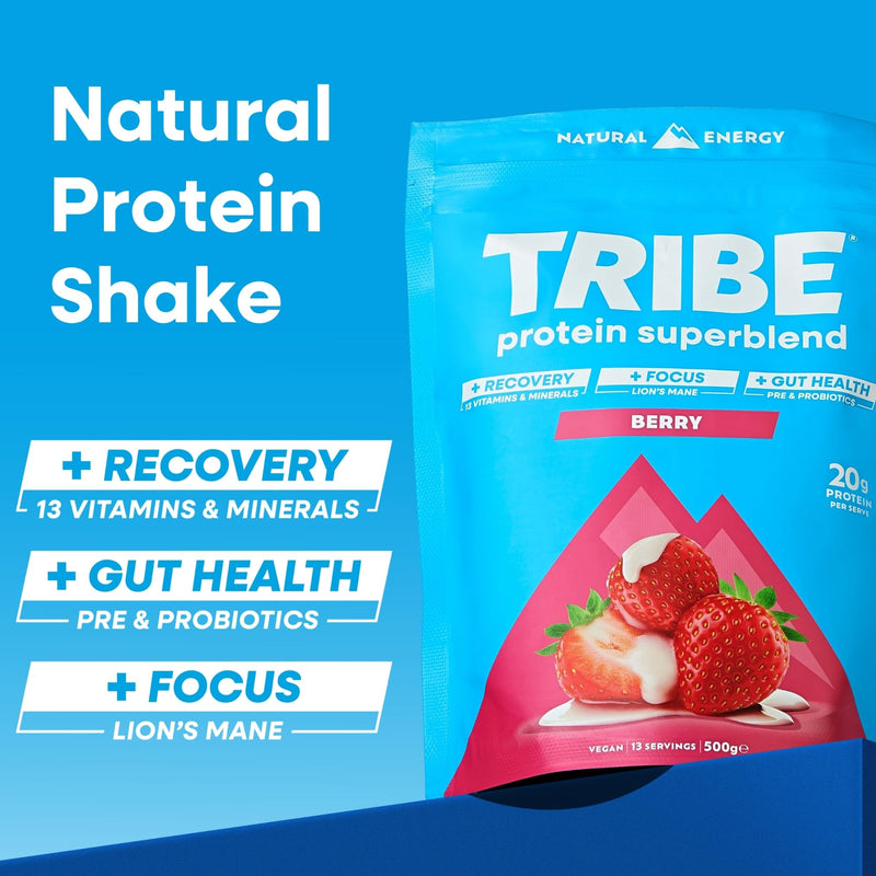 TRIBE Vegan Protein Superblend | 500g | 20g Protein | Recovery, Focus and Digestion | Plant-Based Nutrition Shake | Lion's Mane, Ashwagandha & Magnesium | Berry Flavour