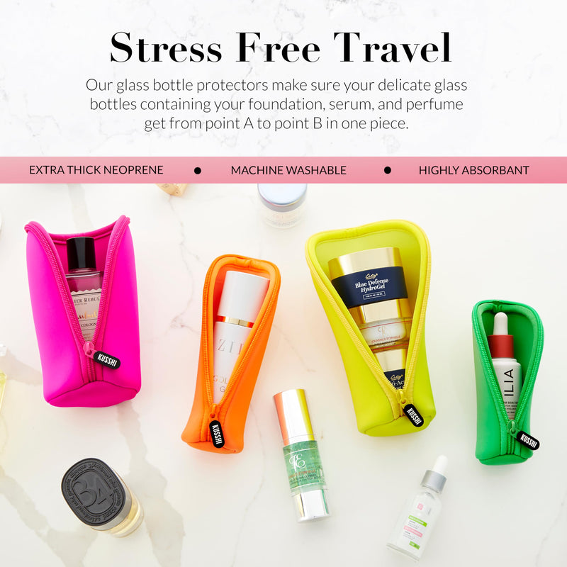 Neoprene Mini Makeup Pouch Set for Purse and Travel - 4 Small Travel Pouches for Delicate Bottles and Beauty Items - For Foundations, Serums, Perfumes and More (4 Pack - S, M, L, XL) The Brights Set