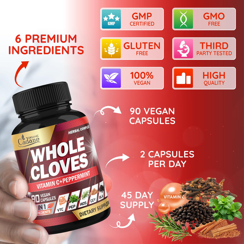 Cadane 6in1 Whole Cloves Herbal Supplement | Syzygium Aromaticum, Cinnamon, Peppermint, Rosemary, Black Pepper & Vitamin C | Non-GMO, Vegan – 90 Capsules – 45-Day Supply